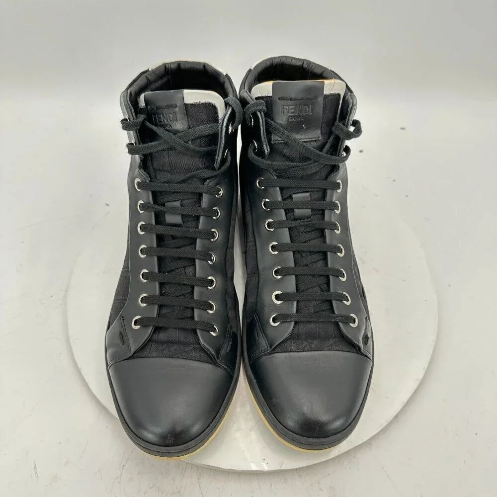 Fendi Men Size 9 Black Leather Printed High Top Lace Up Casual Shoes